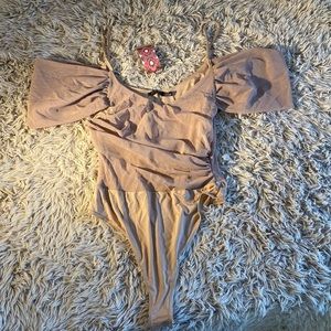 Boohoo drape sleeve mesh off the shoulder bodysuit